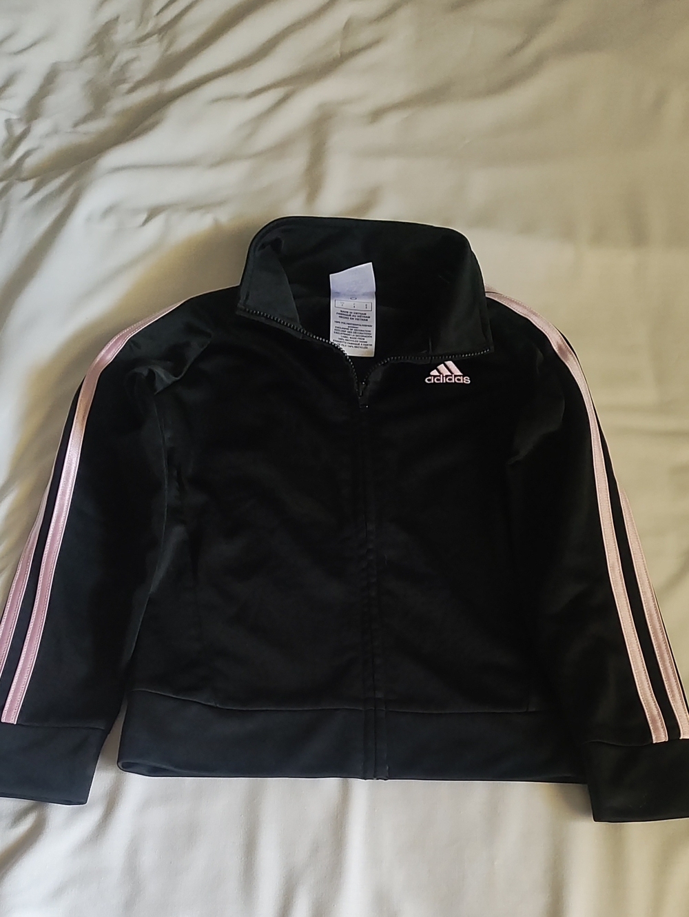 adidas Kids Black Jacket with Light Pink Sleeve Stripes